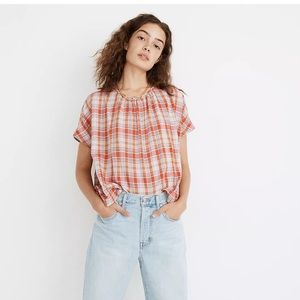 Madewell Plaid Shirred-Neck Boxy Top size Medium